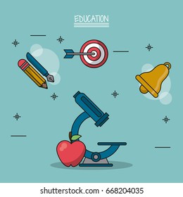 colorful poster of education with microscope and apple in closeup and icons of pencil and school bell and target