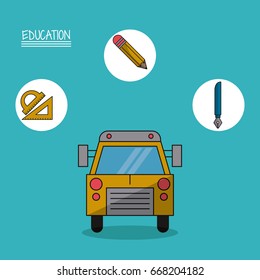 colorful poster of education with school bus in closeup and icons of geometric rulers and pencil and fountain pen