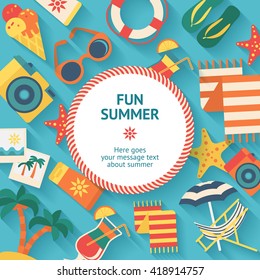 Colorful poster with elements of fun summer vacation on the beach diving swimming having a good time vector illustration
