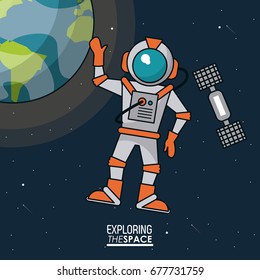 colorful poster exploring the space with astronaut and satellite and planet earth