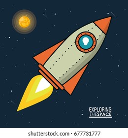 colorful poster exploring the space with spaceship and sun