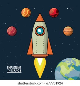 colorful poster exploring the space with spaceship and planets