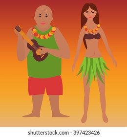 Colorful poster with family vacation, romantic weekend, tropical rest, time off on Hawaii islands, Man with ukulele hawaiian guitar and woman in hula dress 