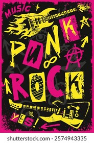 A colorful poster featuring punk rock themes including electric guitars stars and bold text expressing enthusiasm for the music genre. The design incorporates flames and anarchy symbols.