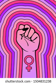 Colorful poster with female raised clenched fist with a Venus sign. 