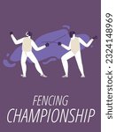 Colorful poster of Fencing championship. Vector fencing players training against of traffic spots on purple background. Fencer at tournament. Fighting swordsmen in protective sportswear with rapier