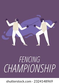 Colorful poster of Fencing championship. Vector fencing players training against of traffic spots on purple background. Fencer at tournament. Fighting swordsmen in protective sportswear with rapier