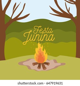 colorful poster festa junina with background outdoors and wood fire vector illustration