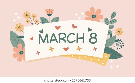 Colorful poster with a flowery border March 8