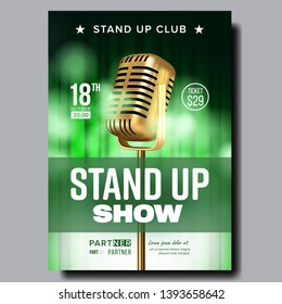 Colorful Poster Flyer Of Stand Up Show Club Vector. Vintage Golden Microphone, Green Curtain Stylish Banner Template With Ticket Price And Place Information Of Comical Show. Realistic 3d Illustration