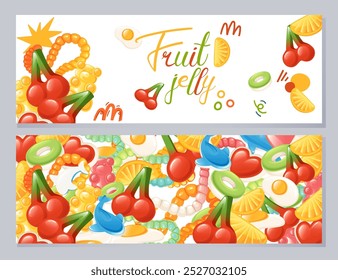 Cartel colorido con caramelos de jalea de frutas. Anuncio de diseño Horizontal con comida dulce. Ideal para envases de alimentos o Materiales promocionales. Ilustración vectorial.