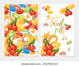 Colorful poster with fruit jelly candies. Vertical design banner with sweet food. Ideal for food packaging or promotional materials. Vector illustration.