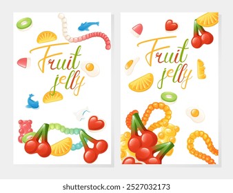 Cartel colorido con caramelos de jalea de frutas. Anuncio de diseño de Vertical con comida dulce. Ideal para envases de alimentos o Materiales promocionales. Ilustración vectorial.