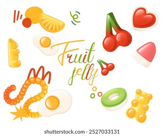 Cartel colorido con caramelos de jalea de frutas. Anuncio de diseño moderno con comida dulce. Ideal para envases de alimentos o Materiales promocionales. Ilustración vectorial aislada sobre fondo blanco.