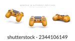 Colorful poster with game pad in different positions. Realistic 3d game controller for video games and e-sports. Play game with remote controller. Vector illustration with place for text