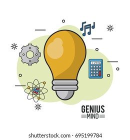 colorful poster of genius mind with light bulb in closeup and icons of pinions and musical notes and calculator and atom