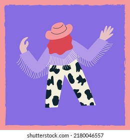 Colorful poster with girl in cowboy clothes dancing on isolated background. Back view. Vector flat illustration with cowgirl in jacket with fringe, hat and pink boots. 