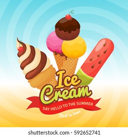 Colorful poster with glazed ice cream and place for your text. Donuts vector set isolated on white background in a modern flat style. Vector illustration