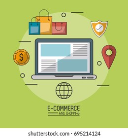colorful poster in green background of e-commerce and shopping with laptop computer in closeup and commerce icons around