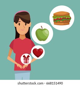 colorful poster half body log hairstyle woman and icon of elements healthy food gifts