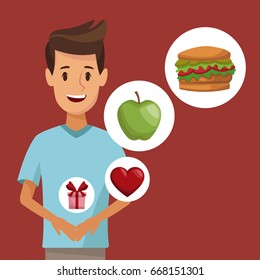 colorful poster half body young man and icon of elements healthy food gifts