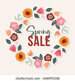 Colorful Poster With Hand Drawn Floral Wreath. Spring Sale Business Concept. Cut Out Circle Of Tulip, Rose, Daisy Flowers And Leaves. Modern Design.Vector Illustration Background For Banners, Cards.