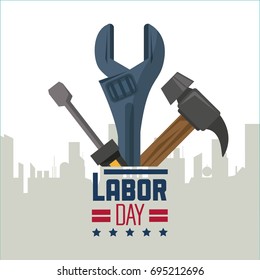 colorful poster of happy labor day with silhouette of city and tools screwdriver hammer and spanner