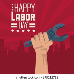 colorful poster of happy labor day with red silhouette of city in background and hand with spanner