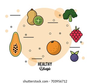 colorful poster healthy lifestyle with set of fruits papaya kiwi orange grapes blueberry and broccoli