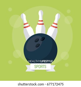colorful poster of healthy lifestyle sports with bowling pins and bowling ball