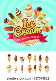 Colorful poster with ice cream collection.  Vector illustration in modern flat style.