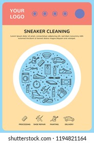 Colorful poster illustration with sneaker cleaning icons. Vector banner background showing washing machine with place for logo, text and shoe clean pictograms set