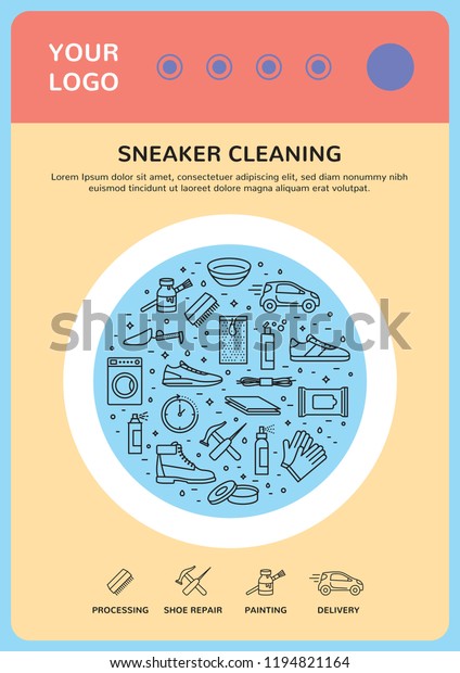 Colorful poster illustration
with sneaker cleaning icons. Vector banner background showing
washing machine with place for logo, text and shoe clean pictograms
set