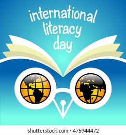 Colorful poster for International literacy day. Eyes smart owl in the form of hemispheres of the globe on the background of the book. 