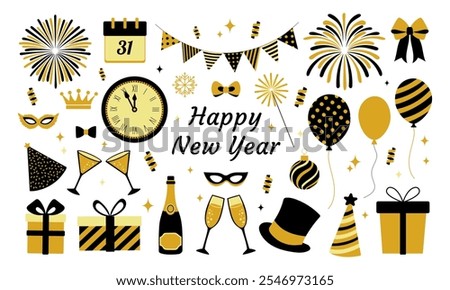 A colorful poster with a large clock and a Happy New Year message. The poster is filled with various party decorations such as balloons, hats, and glasses