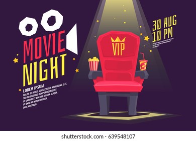 Colorful poster movie night with a projector, reels, seat and ticket. Vector illustration in cartoon style