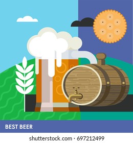 Colorful poster. Mug of beer and a keg of beer. The best beer. Eco-friendly products.