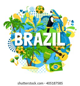 Colorful poster with native symbols of brazil mixed together on the white background vector illustration