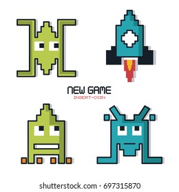colorful poster of new game insert coin with graphics of spatial game in pixels