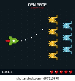 colorful poster of new game insert coin with graphics of spatial game level two horizontal advance