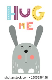 Colorful poster for nursery scandi design - cool hare in Scandinavian style. Vector Illustration. Kids illustration for baby clothes, greeting card, wrapper. Hug me.