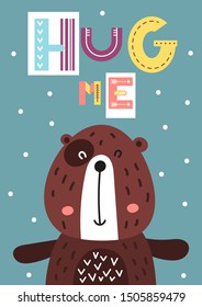 Colorful Poster for nursery scandi design with cute bear in Scandinavian style. Vector Illustration. Kids illustration for baby clothes, greeting card, wrapper. Hug me.