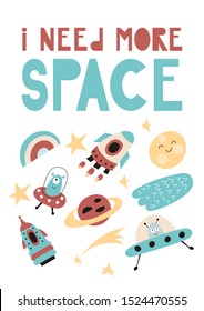 Colorful Poster for nursery scandi design with cute cosmos elements in Scandinavian style. Vector Illustration. Kids illustration for baby clothes, greeting card, wrapper. I need more space.