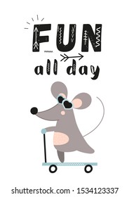 Colorful Poster for nursery scandi design with funny gray mouse on scooter in Scandinavian style. Vector Illustration. Kids illustration for baby clothes, greeting card, kids print. Fun all day.