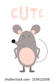 Colorful Poster for nursery scandi design with funny gray mouse in Scandinavian style. Vector Illustration. Kids illustration for baby clothes, greeting card, kids print. Cute.