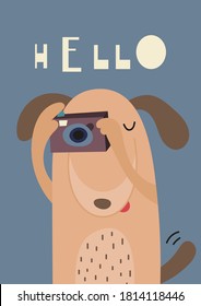 Colorful poster for nursery scandi design - funny dog with camera in Scandinavian style. Vector Illustration. Kids illustration for baby clothes, greeting card, wrapper. Lettering Hello.