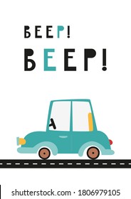 Cartel colorido para la guardería en estilo escandinavo con lindo auto. Ilustración vectorial. Ilustración infantil para ropa de bebé, tarjeta de saludo, papel de envoltura. Dejando Beep.