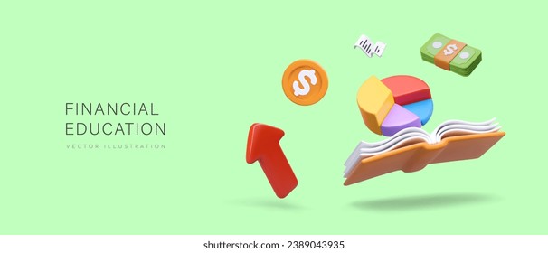 Colorful poster for online school. Concept of financial education. 3d realistic open book, diagram, banknote and coins. Financial growth and development. Vector illustration in 3d style