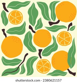 Colorful poster with oranges and leaves. Vector composition for greeting card or invitation. Print for clothes with fruits	