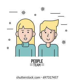 colorful poster of people team with half body couple blonde and her with long hair